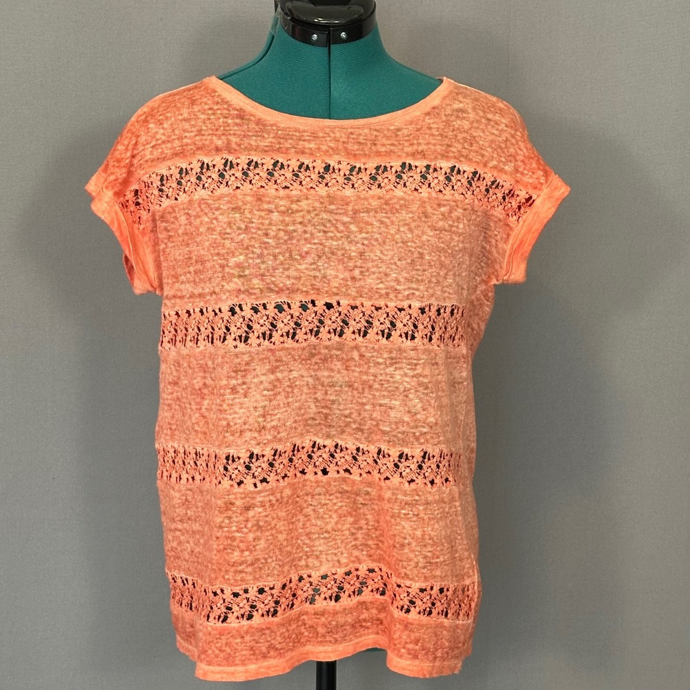 Akemi + Kin Anthropologie Coral 100% Linen Crochet Lace Stripe Cap Sleeve Top S